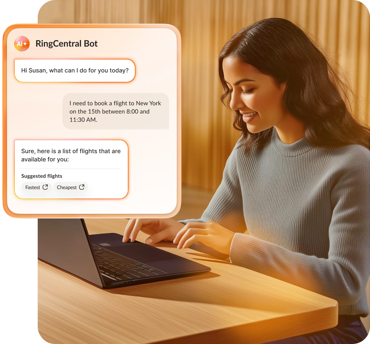 A woman booking a flight on her mobile phone with the help of RingCentral RingCX IVA Pro