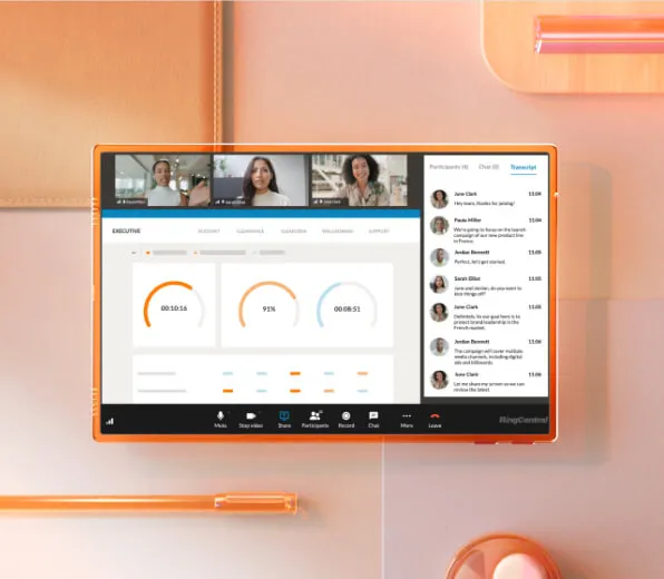 An image of an ongoing video meeting discussing data from RingCentral AI contact center