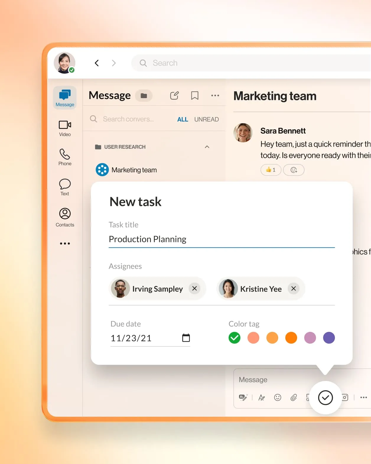 Opción "Crear nueva tarea" en la función Team Messaging de la aplicación de RingCentral