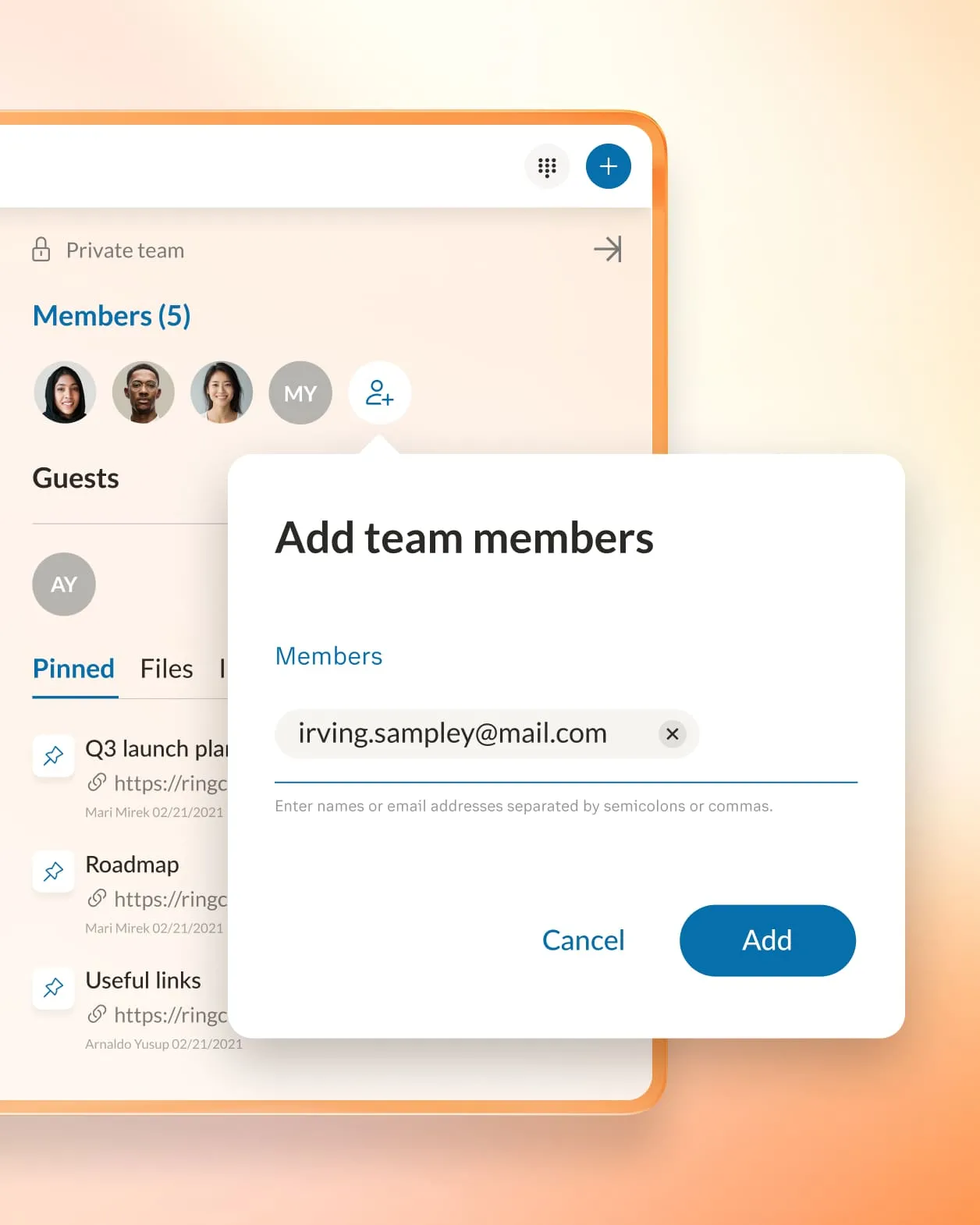 Opción "Agregar miembros del equipo" en la función Team Messaging de RingCentral
