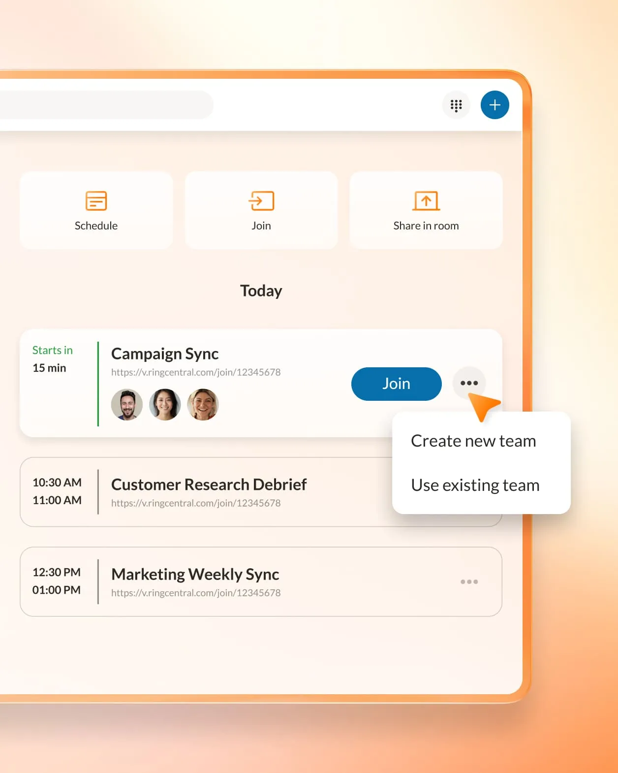 Opciones "Crear equipo nuevo" o "Usar equipo existente" en la función Calendario para Team Messaging de RingCentral