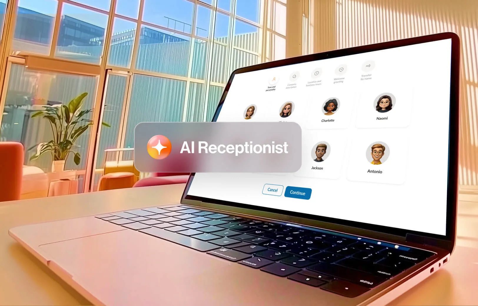 Ordinateur près d’une fenêtre affichant le service RingCentral AI Receptionist