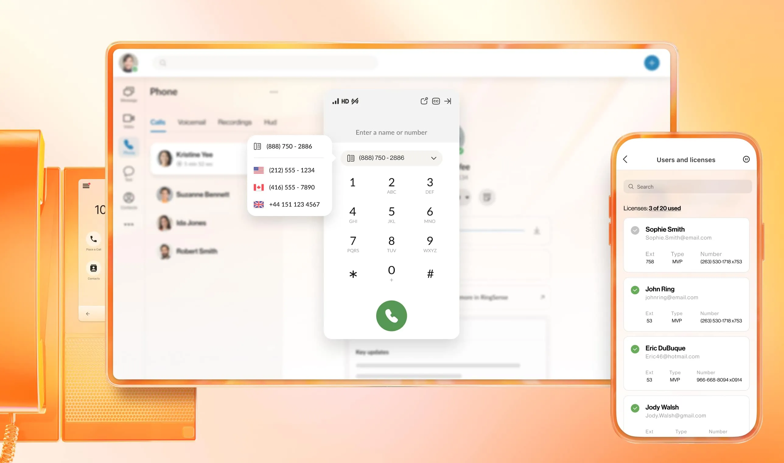 An image showing the location of RingCentral's user and license controls on both desktop and mobile apps.