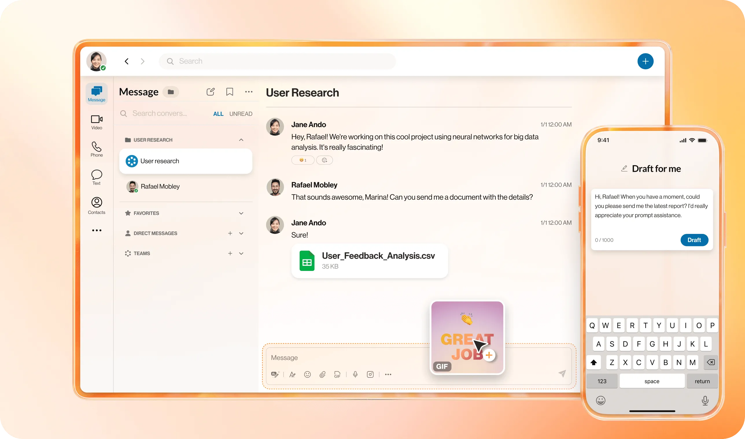 Función "Crear borrador por mí" impulsada por IA en un dispositivo móvil sobre la función "Mensajería de equipo" en la aplicación de RingCentral para escritorio.