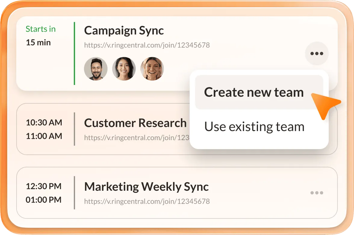 Notificación de que la reunión de sincronización de campaña comenzará en 15 minutos, con la opción de crear un equipo nuevo o usar un equipo existente.