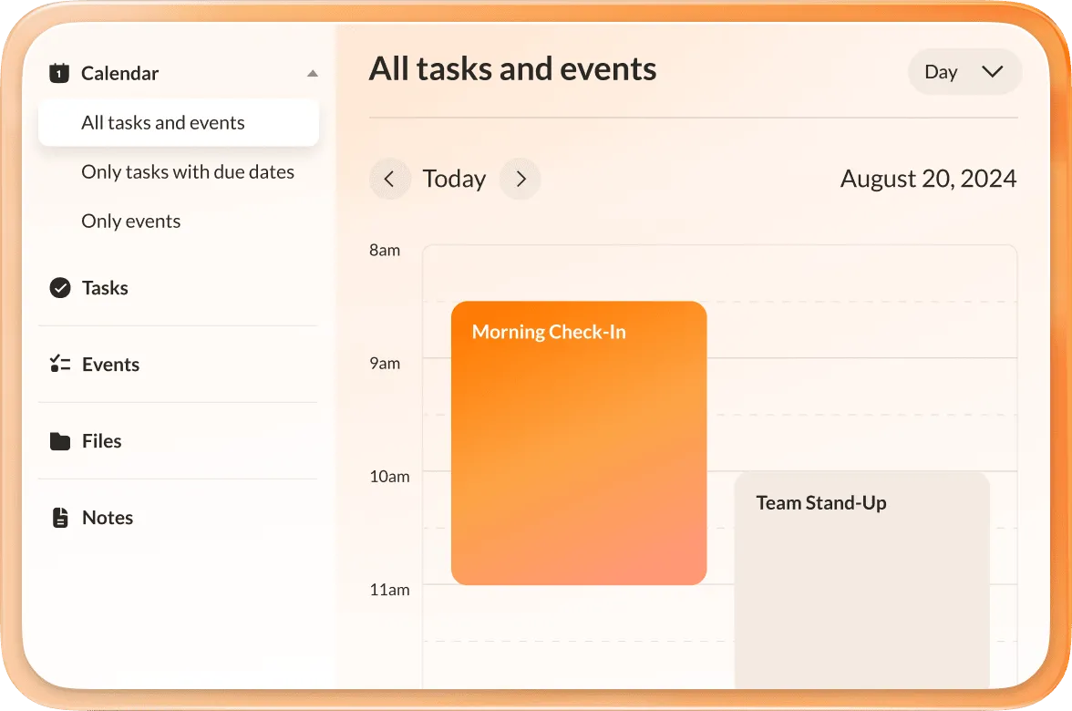 La función Calendario de la aplicación de RingCentral con información de "Todas las tareas" y "Eventos"