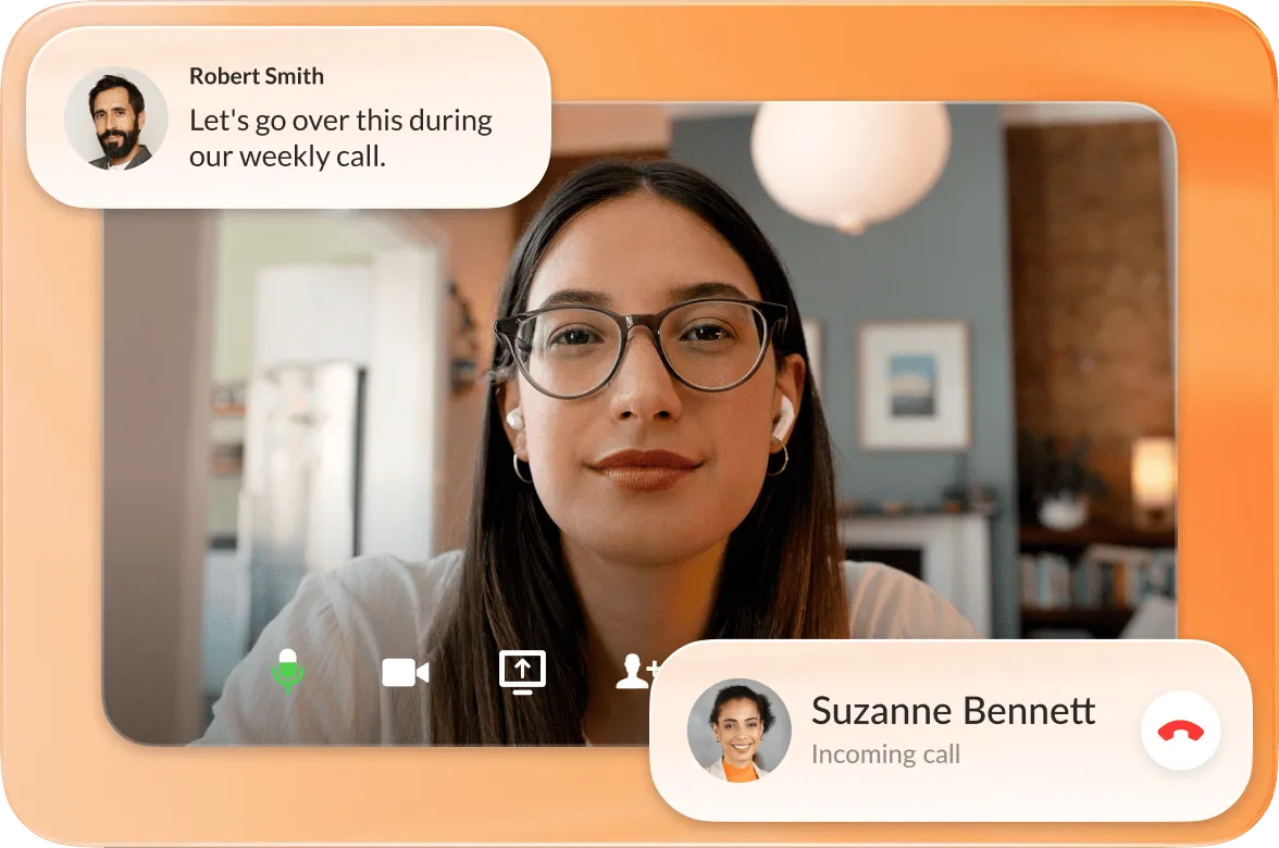 Una reunión por video en curso con un chat de Robert Smith que dice: "Revisemos esto durante nuestra llamada semanal". Cuadro de una llamada entrante de Suzanne Bennett