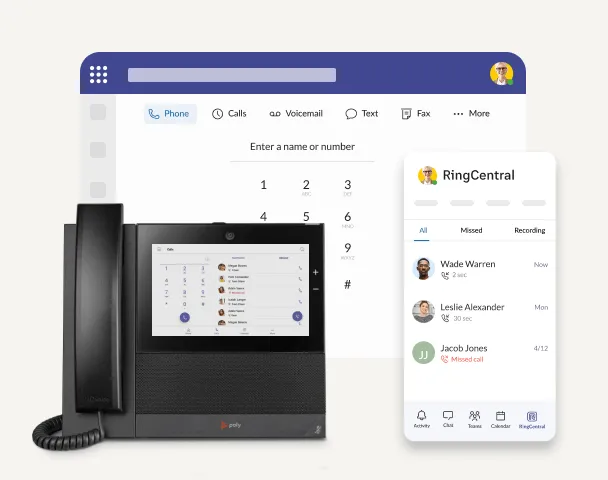 Un téléphone de bureau avec l’application RingCentral sur une fenêtre Microsoft Teams en arrière-plan