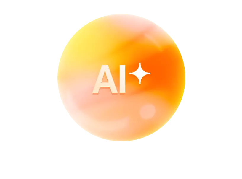 Cercle dégradé orange avec le texte « AI » et une étincelle au centre.