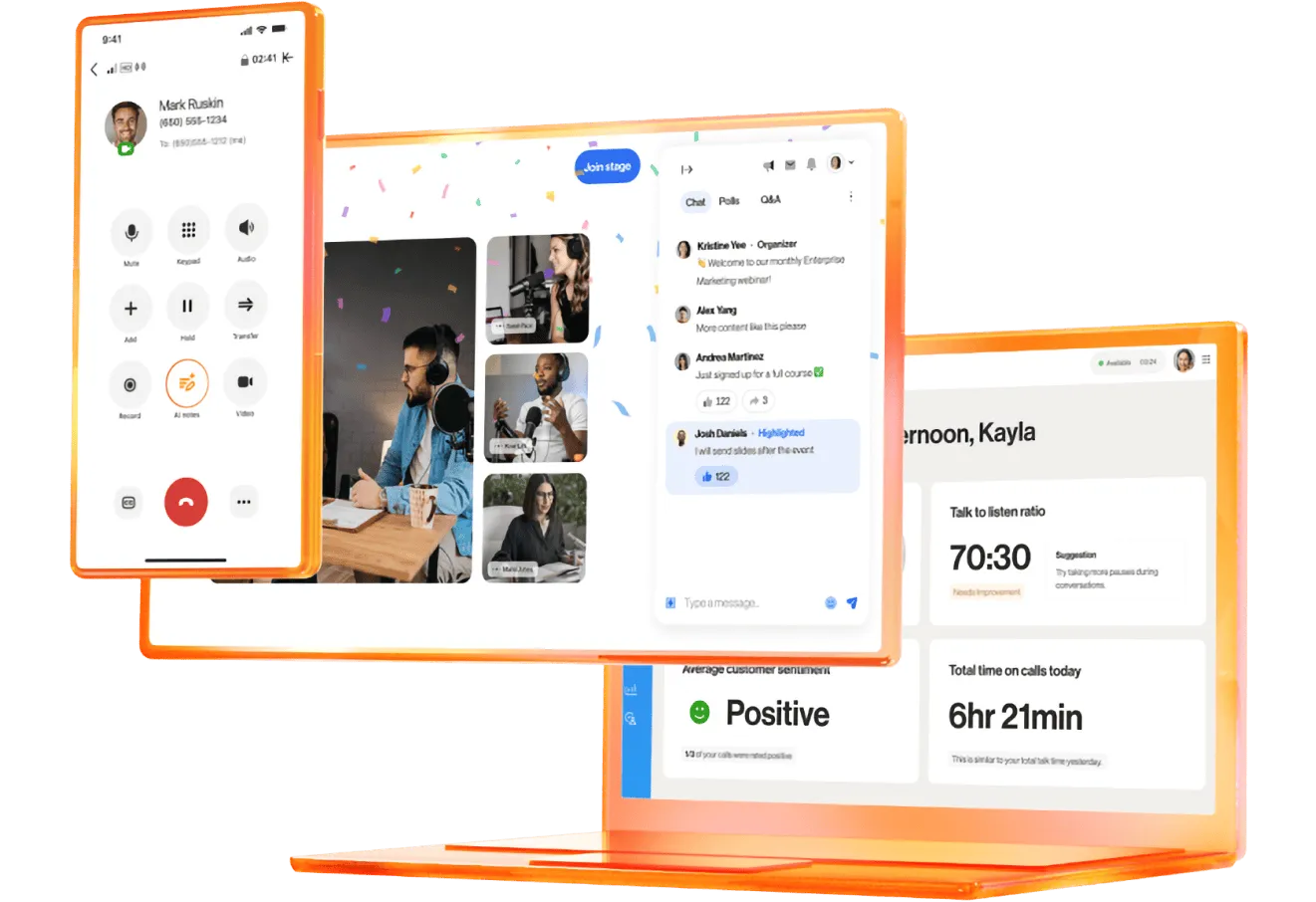 Une téléphone portable, une tablette et un ordinateur portable montrant les applications RingEX, Events et RingCX de RingCentral