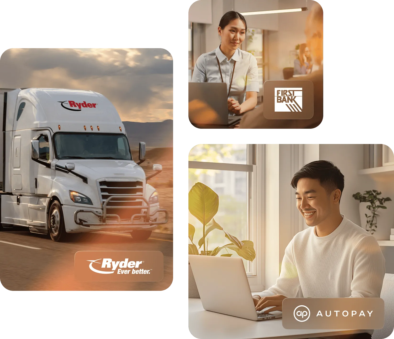 Collage photo : un camion Ryder sur la route, une femme en chemise assise à son bureau avec le logo First Bank et un homme souriant en train de travailler sur son ordinateur portable avec le logo Autopay.
