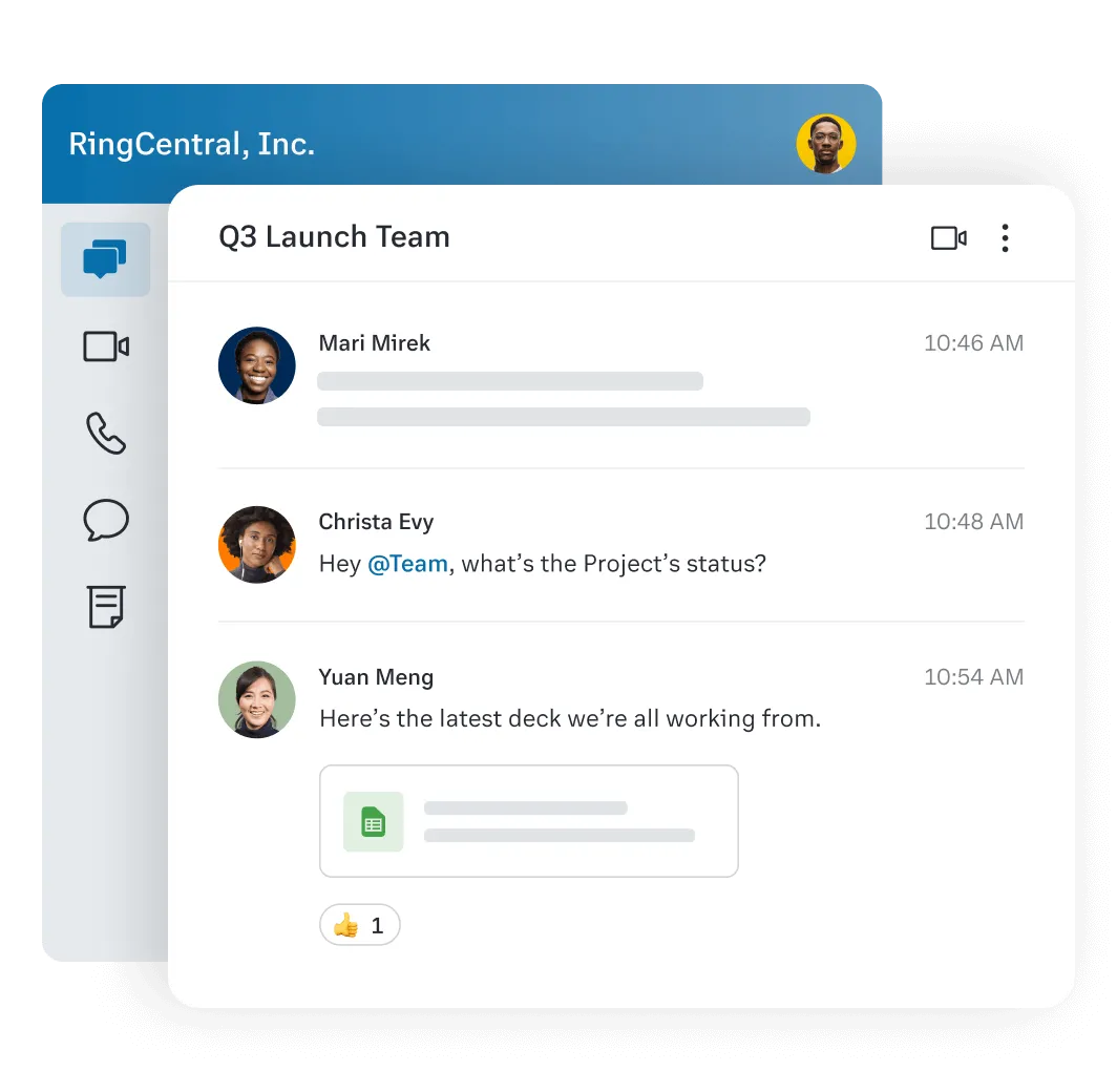 Una vista de la mensajería del equipo en la aplicación de RingCentral