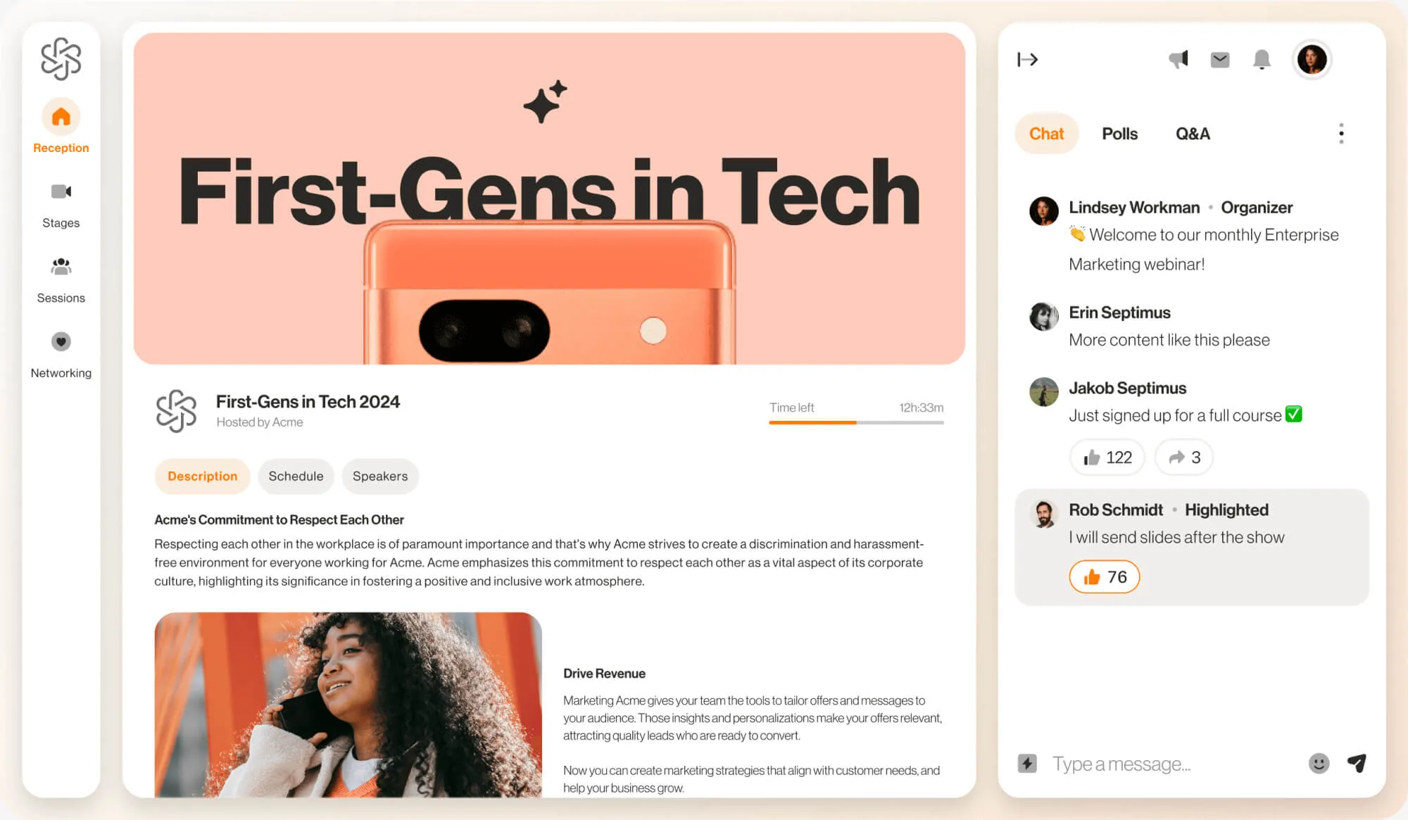 Empfangsbereich einer Tech-Konferenz in RingCentral Events