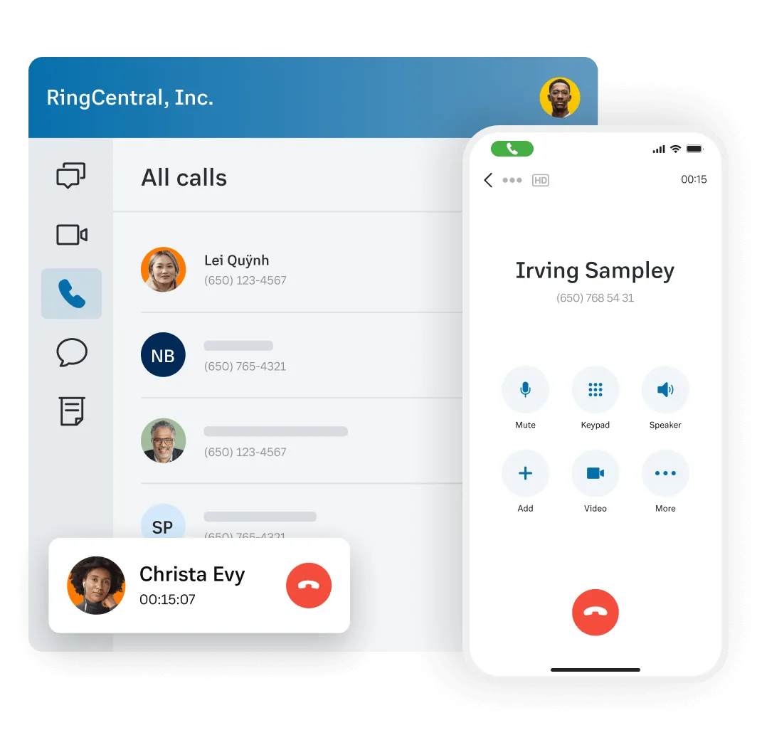 Una vista de una llamada telefónica en la aplicación de RingCentral