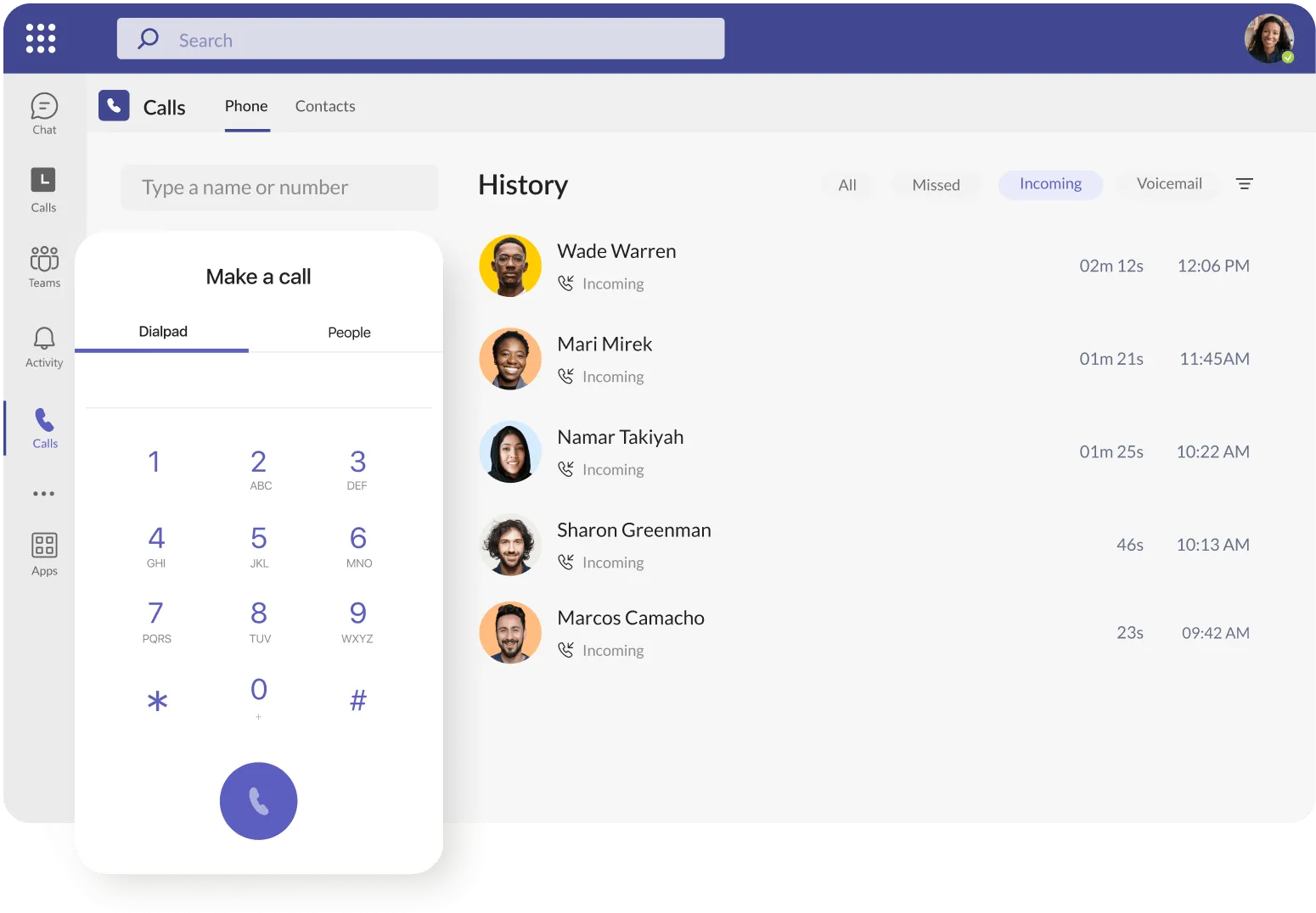 Le clavier et l’historique des appels de l’intégration de RingCentral dans Microsoft Teams