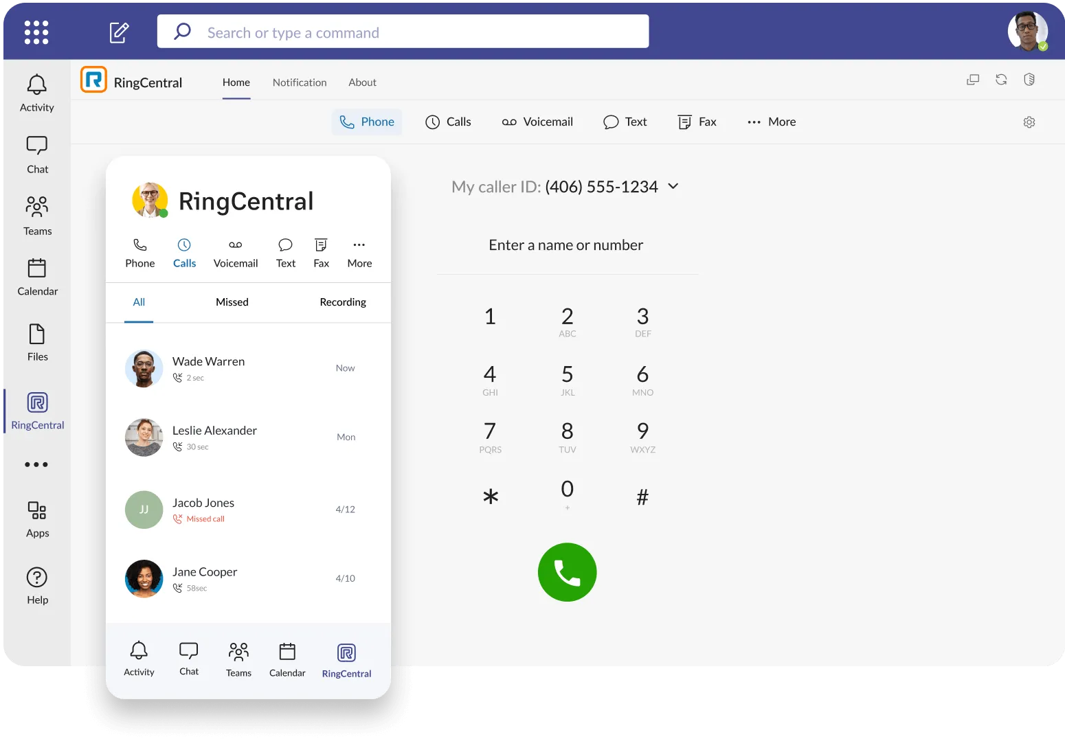 Tastenfeld und Anrufliste in der RingCentral Microsoft Teams-Integration